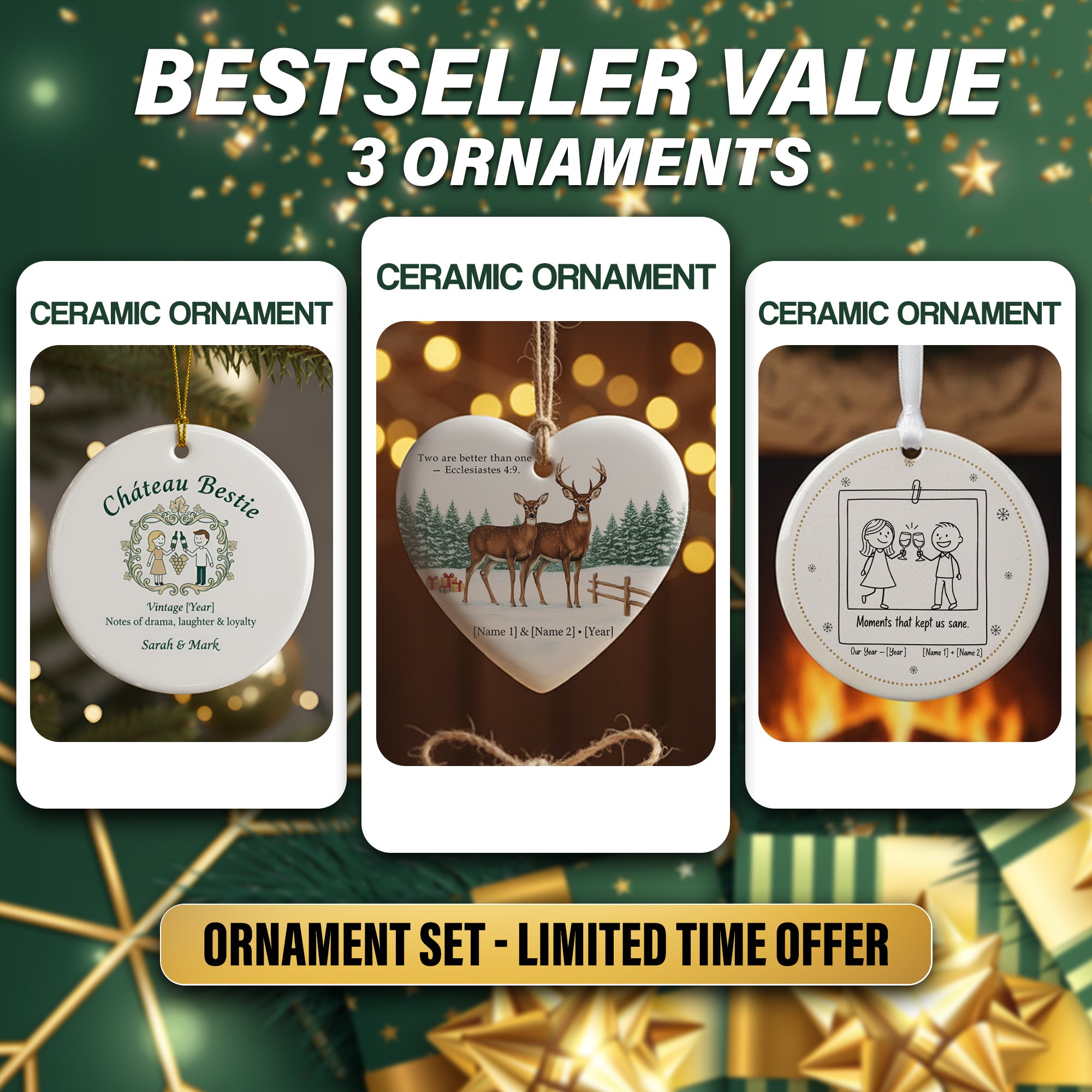 Personalized Ceramic Ornament Set 3-Pack | Christmas Tree Decor | Family, Couple, Best Friend Holiday Gift|ONMCB08