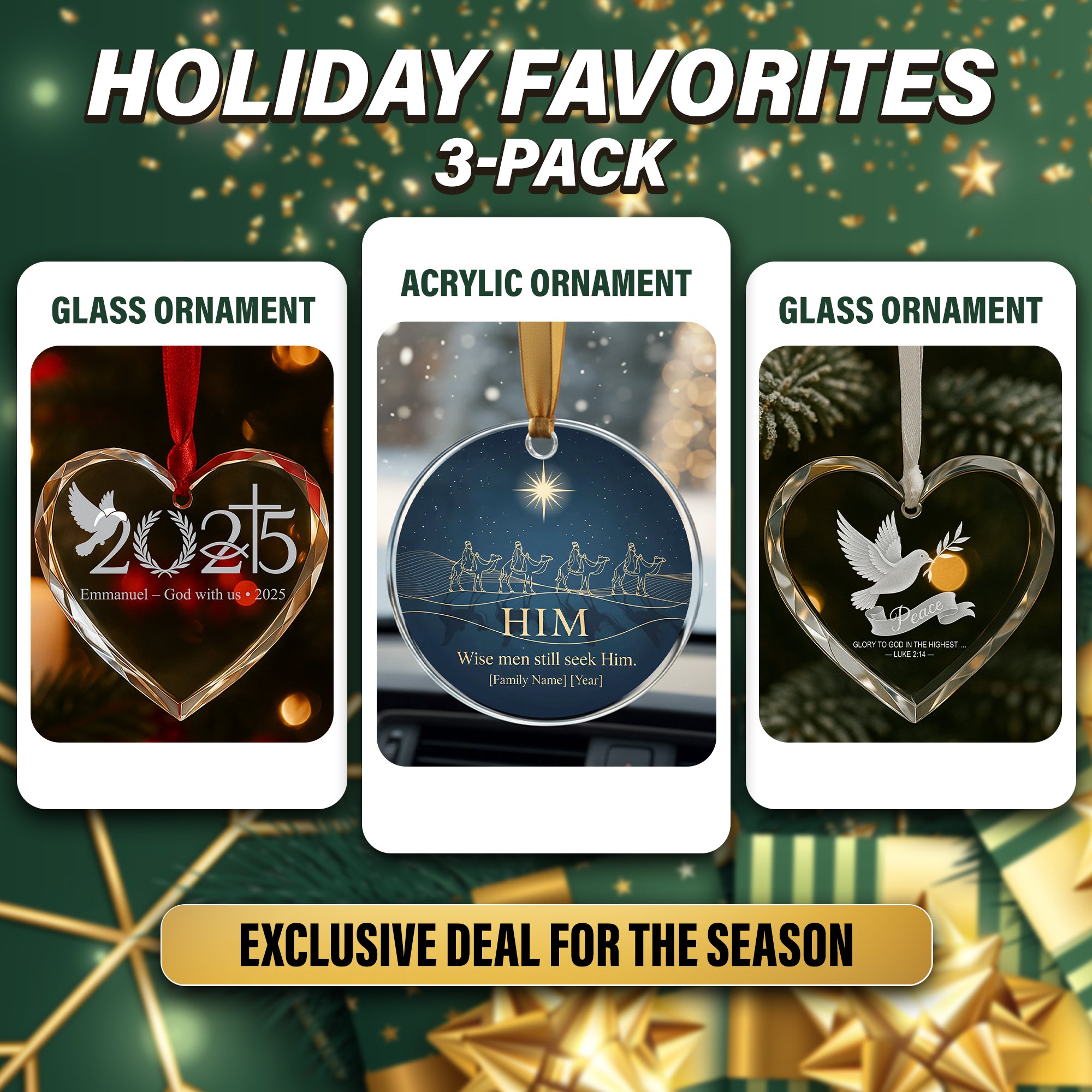 Christian Christmas Ornament Set 3-Pack | Glass & Acrylic Ornaments | Nativity, Peace Dove & God With Us | Faith Holiday Decor|ONMCB13