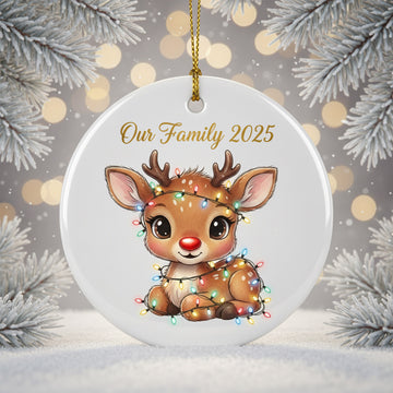 Personalized Reindeer Family Ornament 2025, Custom Ceramic Circle Christmas Ornament,  Family Holiday Giff | Ornament134