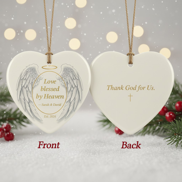 Love Blessed by Heaven Ornament, Custom Ceramic Heart Ornament, Memorial Angel Wings, Religious Christmas Gift for Couple | Ornament103