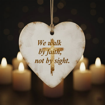 We Walk By Faith Ornament,  Christian Heart Ceramic Ornament, Religious Christmas Decor, Bible Verse Gift, Faith Home Keepsake | Ornament113