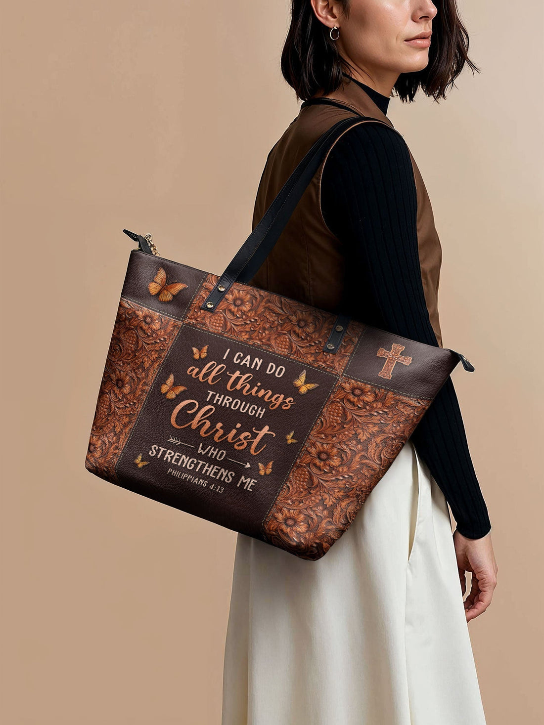 "Believe" - Philippians 4:13 Leather Tote Bag – Christian apparel for women – Premium Vegan Leather