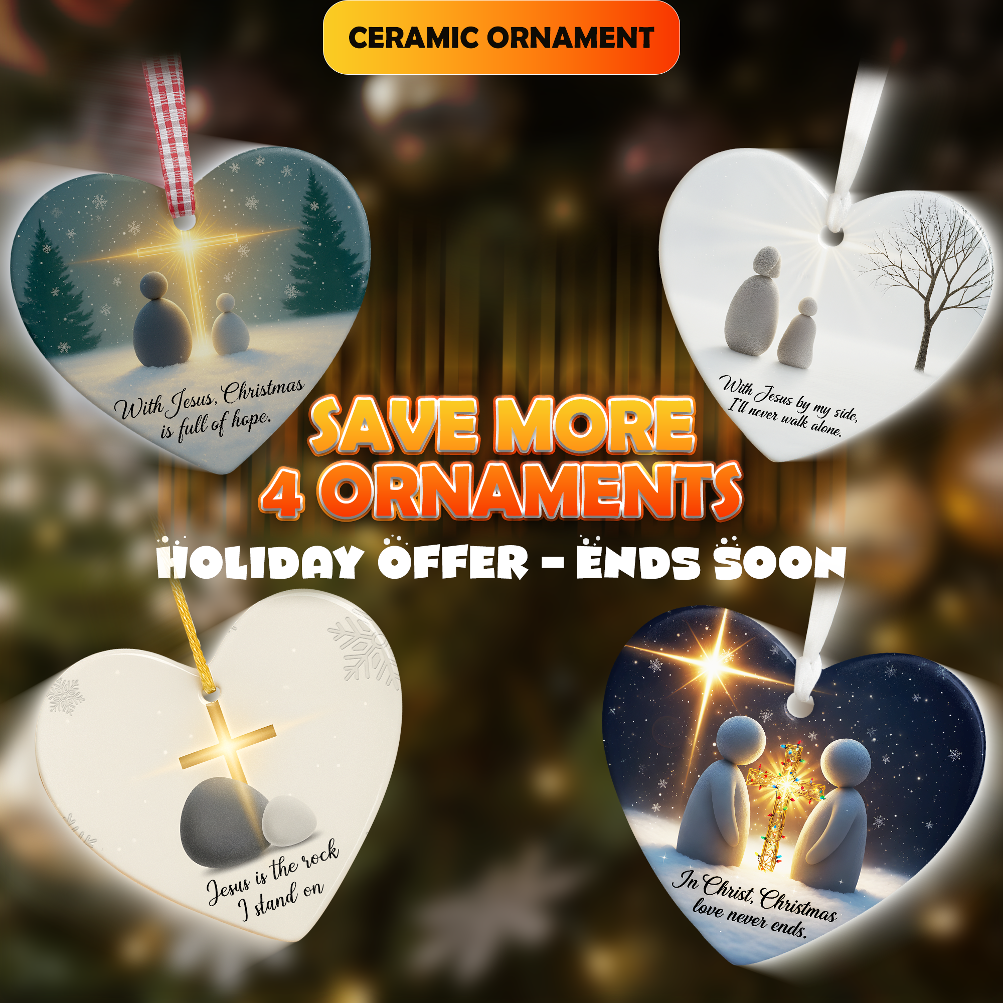 Combo 4 Jesus Ceramic Ornaments Set – Christian Faith Ornament Pack, Religious Christmas Decor for Family, Holiday Gift|ONMCB24
