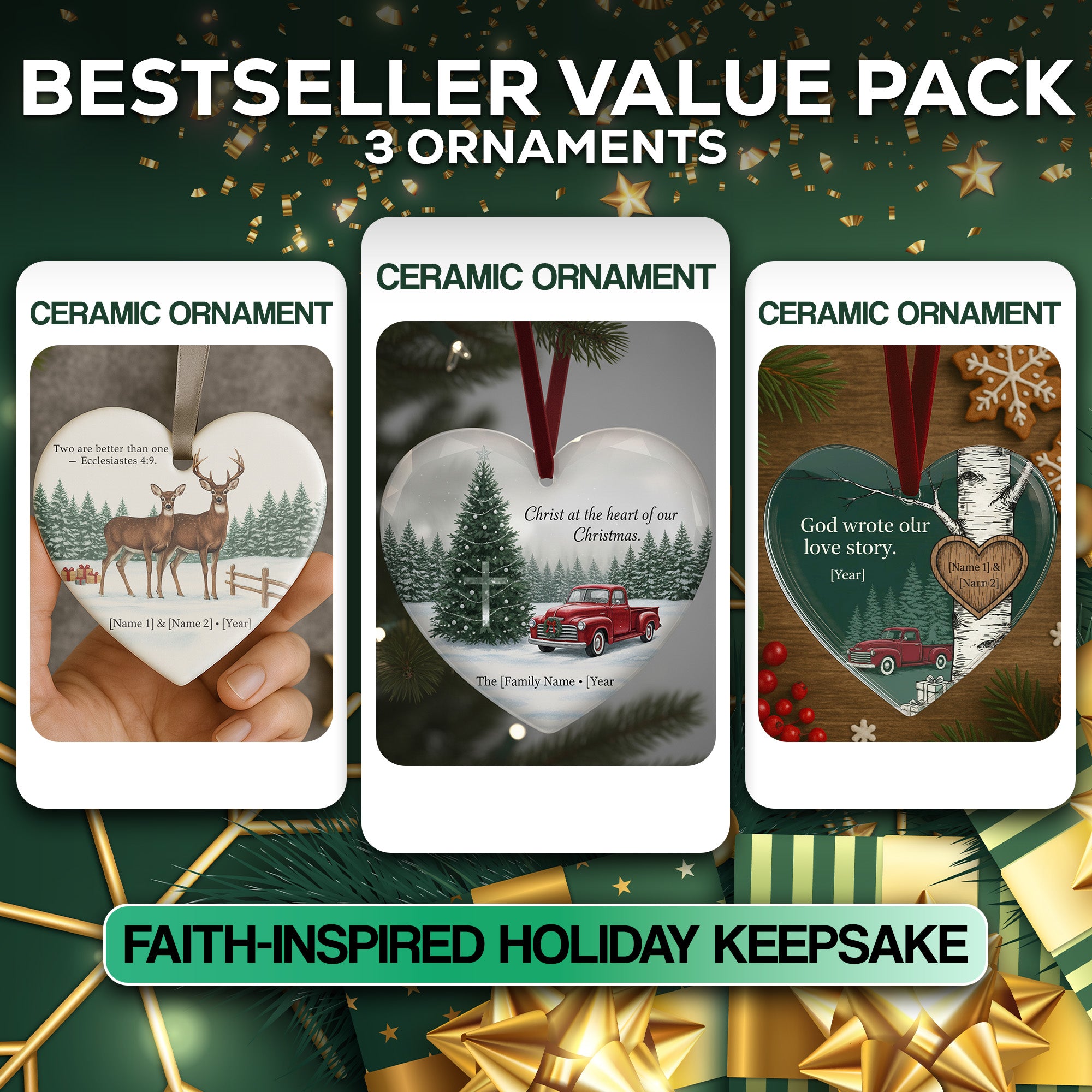 Handmade Christian Ornament Bundle – 3 Pack Ceramic Ornaments with Bible Verses, Ready to Gift, Faith Family Holiday Decor|ONMCB31