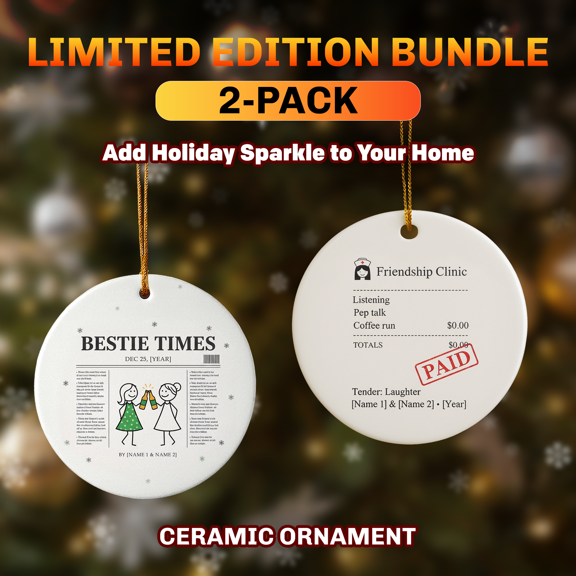 Best Seller Best Friend Ornament Set, Personalized Ceramic Ornament 2 Pack, Friendship Christmas Gift for Besties, Holiday Keepsake|ONMCB28