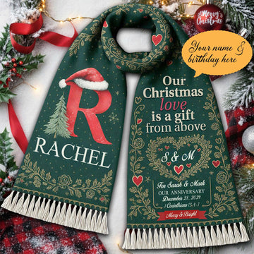 Personalized Christmas Scarf with Initial – Custom Name Scarf for Couple, Holiday Love Gift, Cozy Winter Highland Cow Style|SCR02